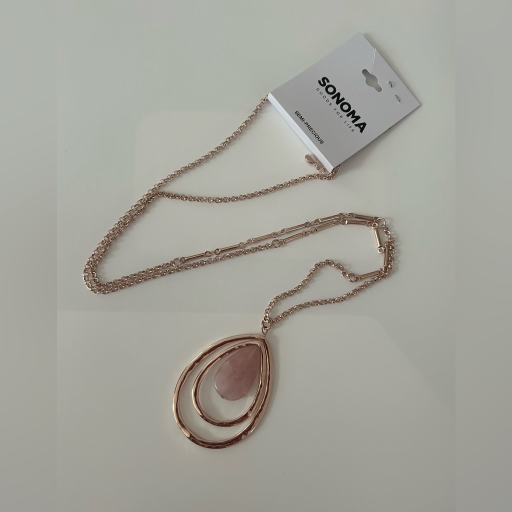 Sonoma Long Semi Precious Rose Quartz Necklace Rose Gold Tone